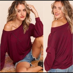 New! Sale 🔥! Burgundy Hacci Soft Long Sleeve relaxed Fit Comfy top